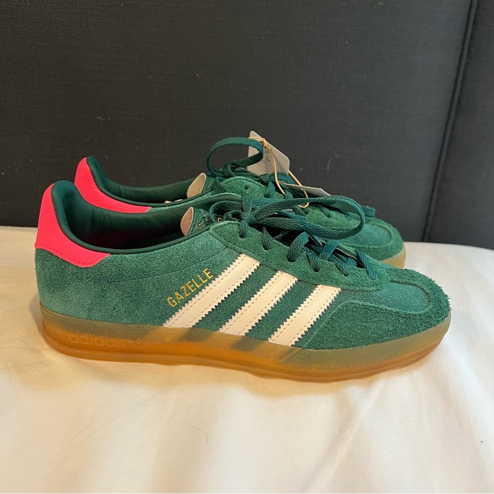 New Adidas Gazelle Indoor Collegiate Green and Pink Sneakers